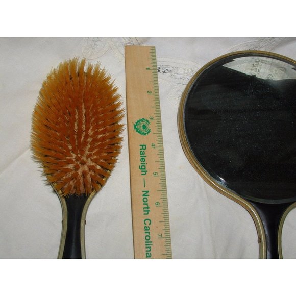 Antique Chinese Bakelite Black and Gold Large Hand Painted Mirror and Brush Set - Picture 4 of 12